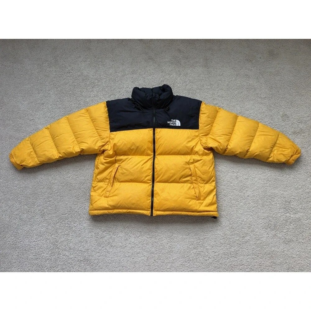 The North Face Nuptse 700 Mens 2XL Jacket Yellow Black Down Puffer Hood XXL
